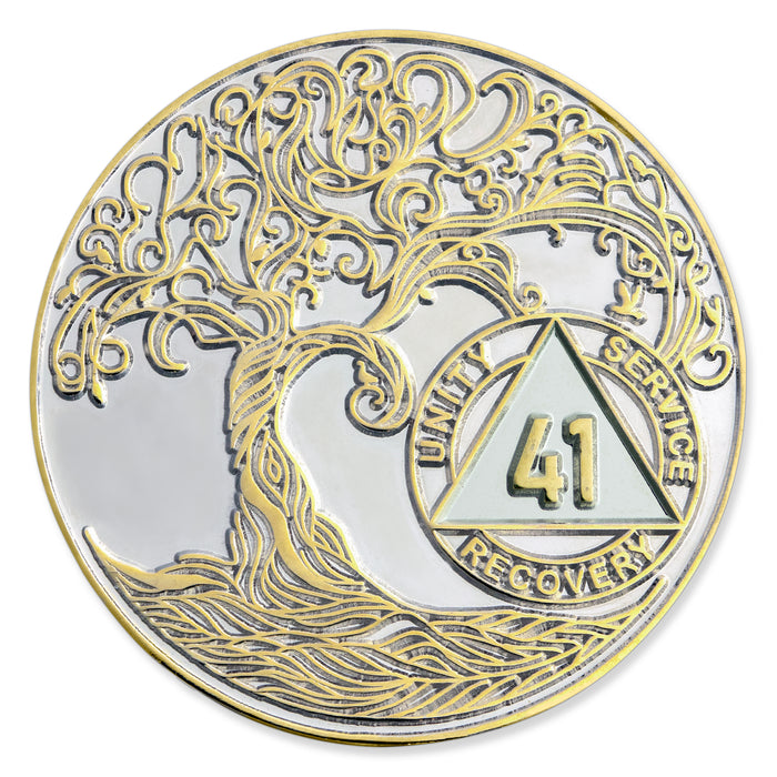 1 to 50 Year XL 40mm Nickel & Gold Bi-Plated Sobriety Mint Twisted Tree of Life AA Recovery Medallion - Silver/Gold