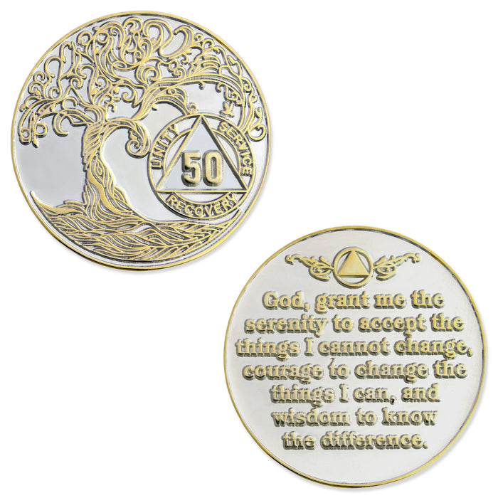 50 Year XL 40mm Nickel & Gold Bi-Plated Sobriety Mint Twisted Tree of Life AA Recovery Medallion - Silver/Gold