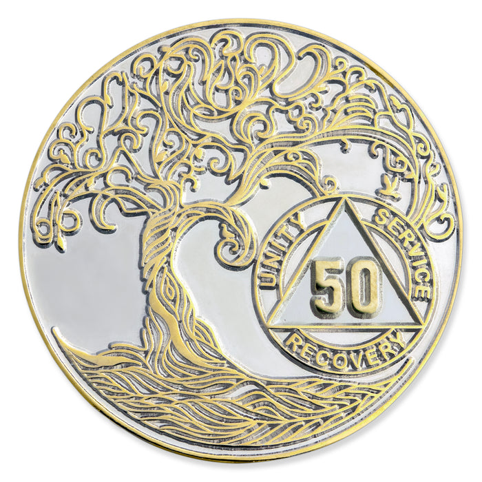 50 Year XL 40mm Nickel & Gold Bi-Plated Sobriety Mint Twisted Tree of Life AA Recovery Medallion - Silver/Gold