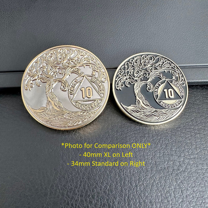 50 Year XL 40mm Nickel & Gold Bi-Plated Sobriety Mint Twisted Tree of Life AA Recovery Medallion - Silver/Gold