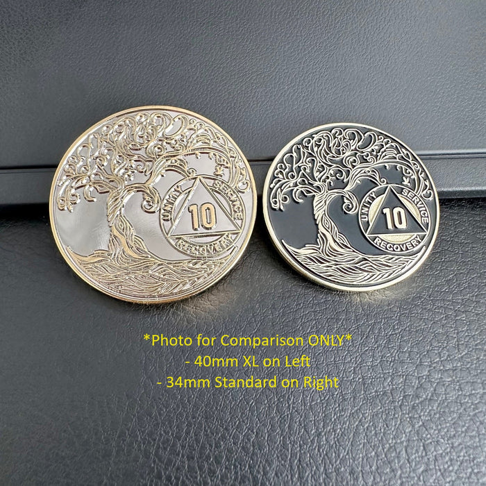 1 to 50 Year XL 40mm Nickel & Gold Bi-Plated Sobriety Mint Twisted Tree of Life AA Recovery Medallion - Silver/Gold + Velvet Box