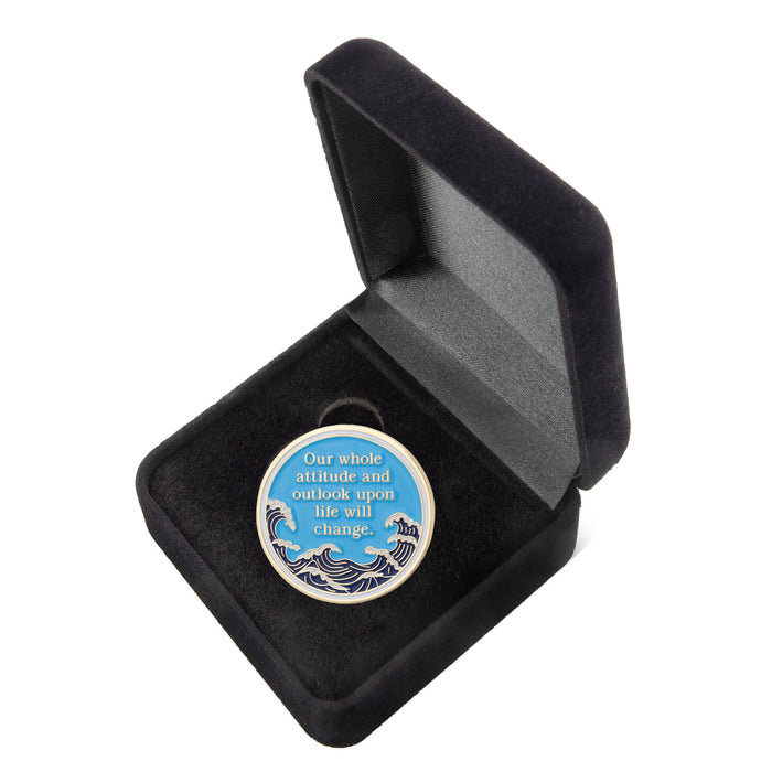 16 Year Sobriety Mint Crashing Wave Gold Plated AA Recovery Medallion - Sixteen Year Chip/Coin - Blue/White + Velvet Box