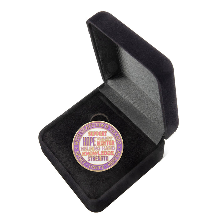 Sobriety Mint Butterfly Women's Sponsor AA/NA Recovery Medallion - Purple/White/Gold with Velvet Box