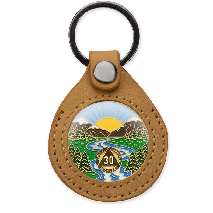 34mm Tan Leather AA Medallion Keychain Sober Chip/Coin/Token
