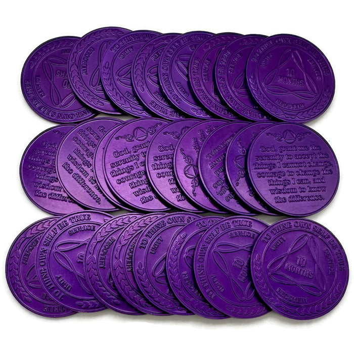 25 Pack of Sobriety Mint Infinity Aluminum AA Meeting Newcomer Sobriety Chips/Coins/Tokens - 10 Months - Purple