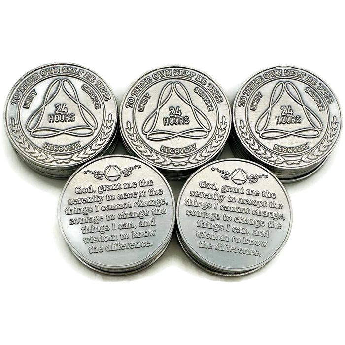 25 Pack of Sobriety Mint Infinity Aluminum AA Meeting Newcomer Sobriety Chips/Coins/Tokens - 24 Hours - Silver