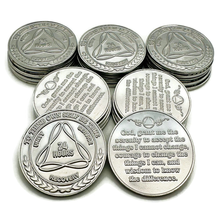 25 Pack of Sobriety Mint Infinity Aluminum AA Meeting Newcomer Sobriety Chips/Coins/Tokens - 24 Hours - Silver