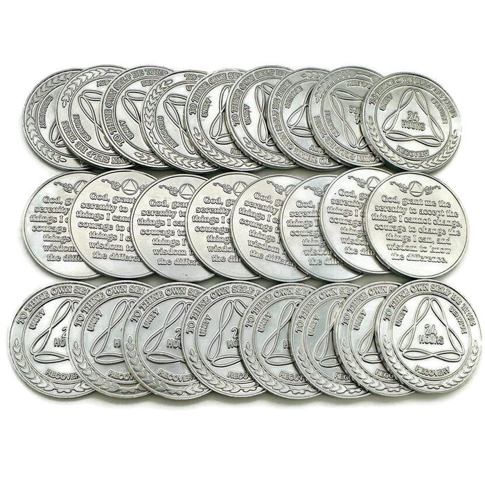 25 Pack of Sobriety Mint Infinity Aluminum AA Meeting Newcomer Sobriety Chips/Coins/Tokens - 24 Hours - Silver