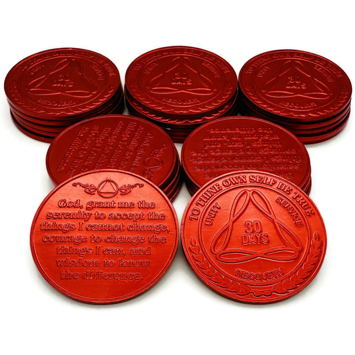 25 Pack of Sobriety Mint Infinity Aluminum AA Meeting Newcomer Sobriety Chips/Coins/Tokens - 30 Days / 1 Month - Red