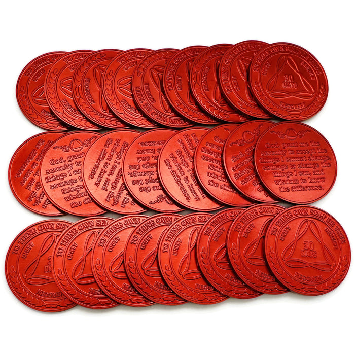 25 Pack of Sobriety Mint Infinity Aluminum AA Meeting Newcomer Sobriety Chips/Coins/Tokens - 30 Days / 1 Month - Red