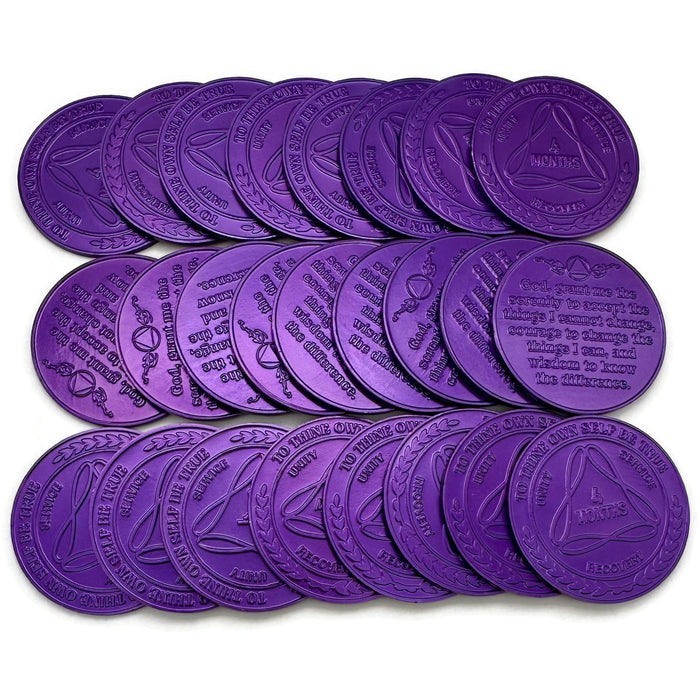 25 Pack of Sobriety Mint Infinity Aluminum AA Meeting Newcomer Sobriety Chips/Coins/Tokens - 4 Months - Purple