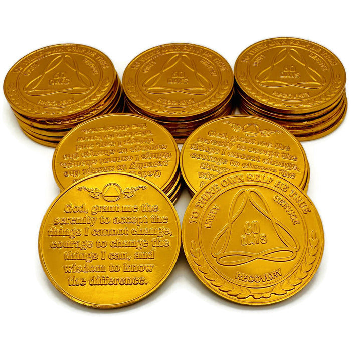 25 Pack of Sobriety Mint Infinity Aluminum AA Meeting Newcomer Sobriety Chips/Coins/Tokens - 60 Days / 2 Months - Gold