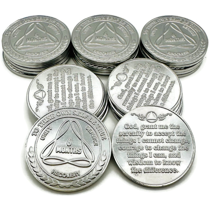 25 Pack of Sobriety Mint Infinity Aluminum AA Meeting Newcomer Sobriety Chips/Coins/Tokens - 6 Months - Silver