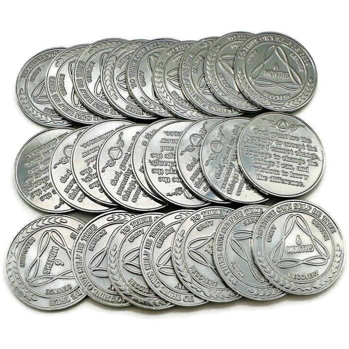 25 Pack of Sobriety Mint Infinity Aluminum AA Meeting Newcomer Sobriety Chips/Coins/Tokens - 6 Months - Silver