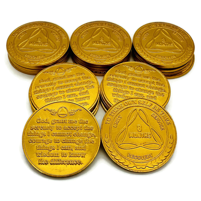 25 Pack of Sobriety Mint Infinity Aluminum AA Meeting Newcomer Sobriety Chips/Coins/Tokens - 8 Months - Gold