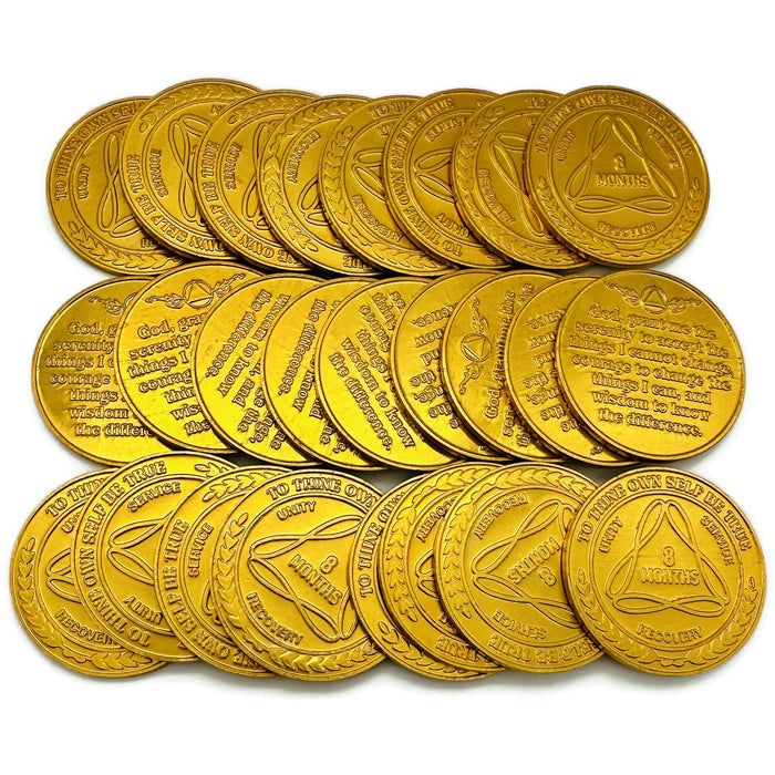 25 Pack of Sobriety Mint Infinity Aluminum AA Meeting Newcomer Sobriety Chips/Coins/Tokens - 8 Months - Gold