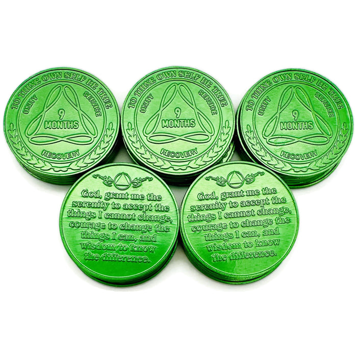 25 Pack of Sobriety Mint Infinity Aluminum AA Meeting Newcomer Sobriety Chips/Coins/Tokens - 9 Months - Green