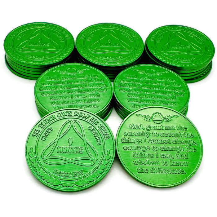 25 Pack of Sobriety Mint Infinity Aluminum AA Meeting Newcomer Sobriety Chips/Coins/Tokens - 9 Months - Green