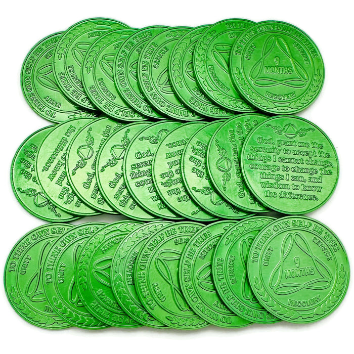 25 Pack of Sobriety Mint Infinity Aluminum AA Meeting Newcomer Sobriety Chips/Coins/Tokens - 9 Months - Green