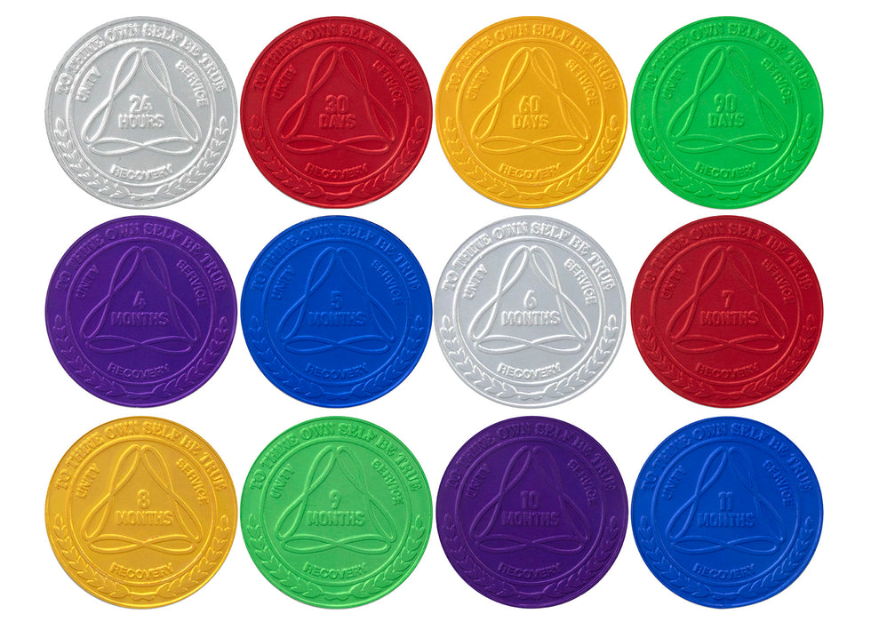24 Hours to 11 Months Sobriety Mint Infinity Aluminum AA Meeting Newcomer Chips - 1 of Each