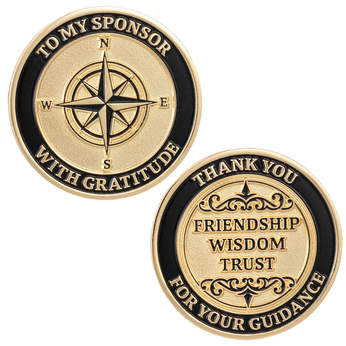 Sobriety Mint Compass Rose Men's Sponsor AA/NA Recovery Medallion - Black/Gold