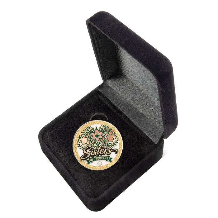 Sobriety Mint Sisters in Recovery AA/NA Recovery Medallion - White/Gold with Velvet Box