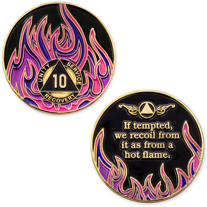 10 Year Sobriety Mint Twisted Flames Gold Plated AA Recovery Medallion - Ten Year Chip/Coin - Black/Pink/Purple/Blue