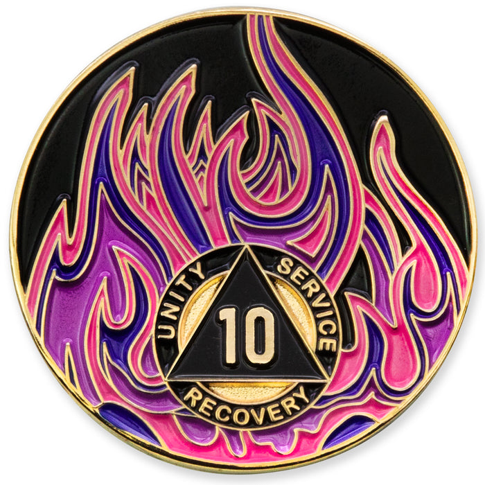 10 Year Sobriety Mint Twisted Flames Gold Plated AA Recovery Medallion - Ten Year Chip/Coin - Black/Pink/Purple/Blue