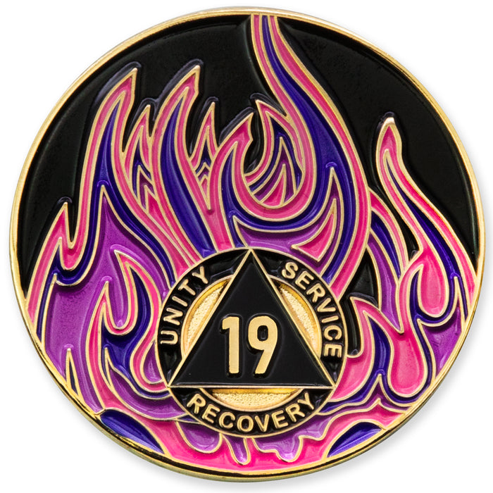 19 Year Sobriety Mint Twisted Flames Gold Plated AA Recovery Medallion - Nineteen Year Chip/Coin - Black/Pink/Purple/Blue