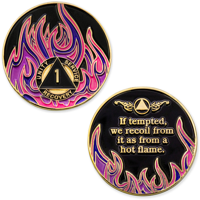 1 Year Sobriety Mint Twisted Flames Gold Plated AA Recovery Medallion - One Year Chip/Coin - Black/Pink/Purple/Blue