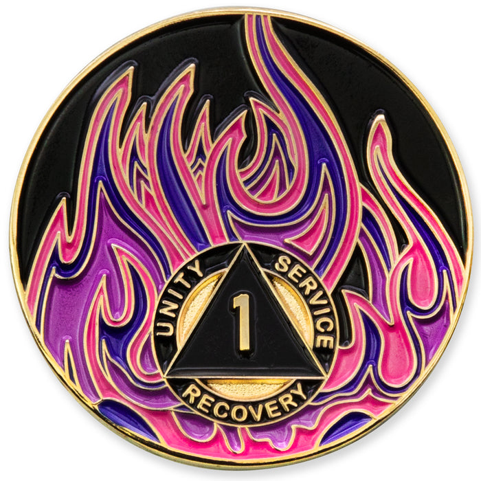1 Year Sobriety Mint Twisted Flames Gold Plated AA Recovery Medallion - One Year Chip/Coin - Black/Pink/Purple/Blue