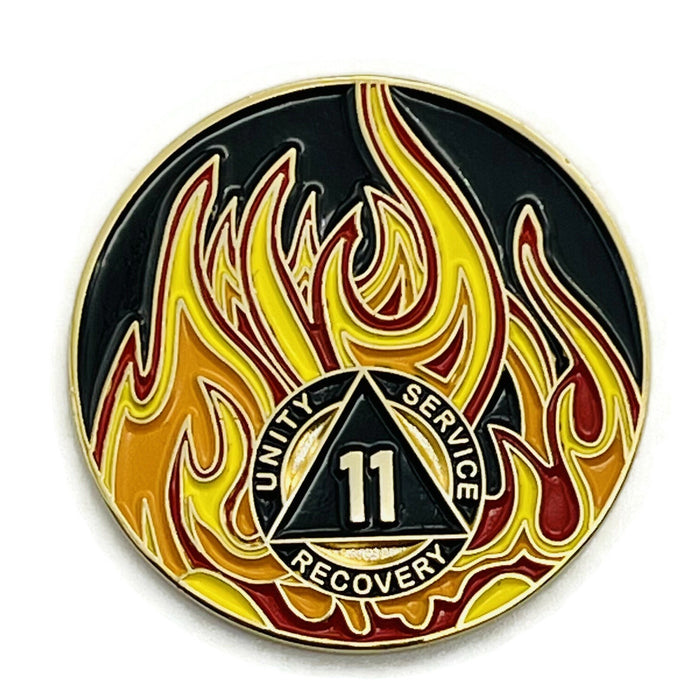 11 Year Sobriety Mint Twisted Flames Gold Plated AA Recovery Medallion - Eleven Year Chip/Coin - Black/Red/Orange/Yellow + Velvet Case