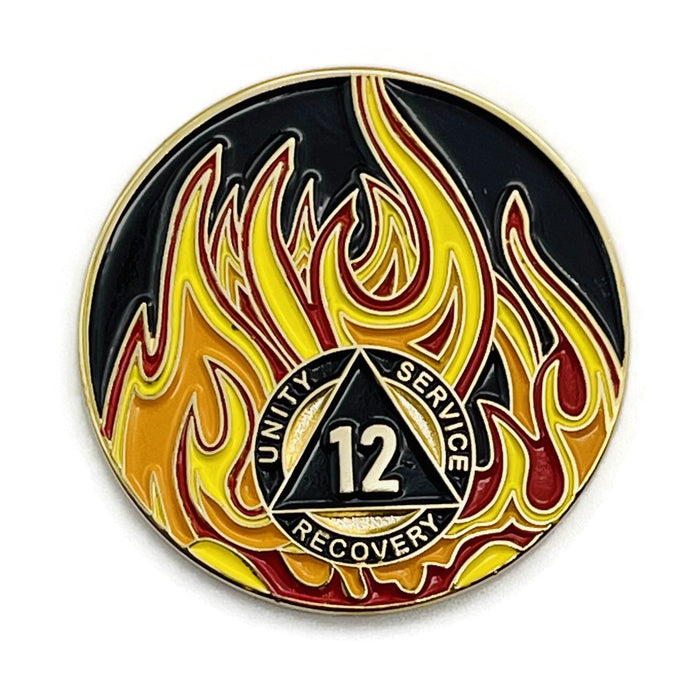 12 Year Sobriety Mint Twisted Flames Gold Plated AA Recovery Medallion - Twelve Year Chip/Coin - Black/Red/Orange/Yellow + Velvet Case