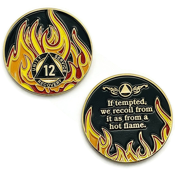 12 Year Sobriety Mint Twisted Flames Gold Plated AA Recovery Medallion - Twelve Year Chip/Coin - Black/Red/Orange/Yellow + Velvet Case