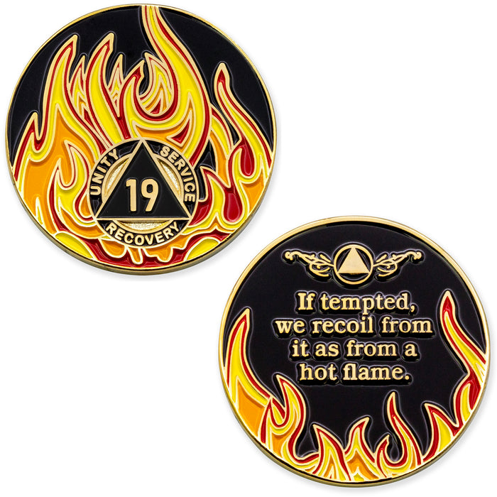 19 Year Sobriety Mint Twisted Flames Gold Plated AA Recovery Medallion/Chip/Coin - Black/Red/Orange/Yellow