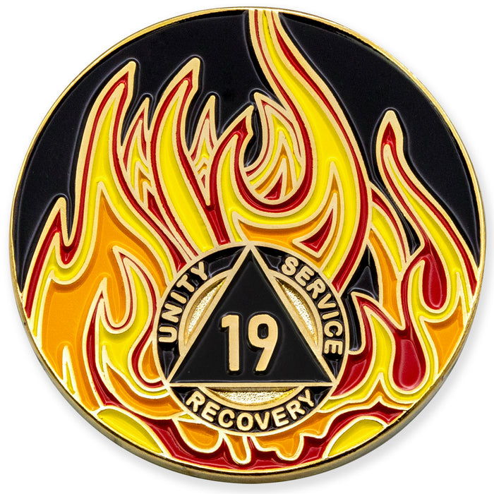 19 Year Sobriety Mint Twisted Flames Gold Plated AA Recovery Medallion/Chip/Coin - Black/Red/Orange/Yellow