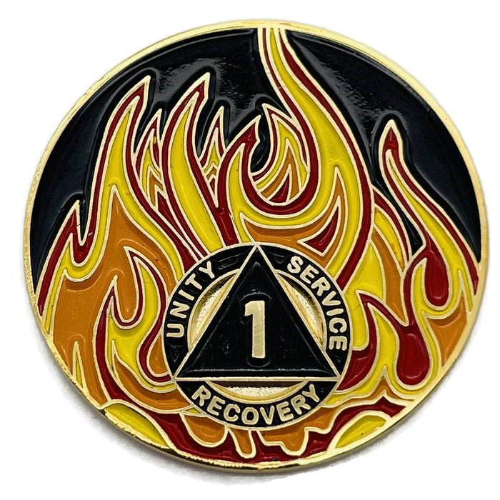 1 Year Sobriety Mint Twisted Flames Gold Plated AA Recovery Medallion - One Year Chip/Coin - Black/Red/Orange/Yellow + Velvet Case