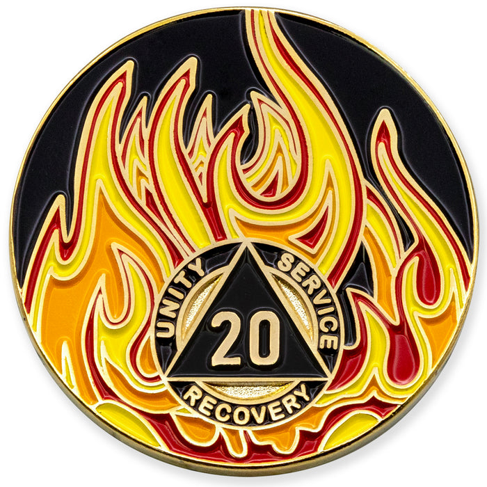 20 Year Sobriety Mint Twisted Flames Gold Plated AA Recovery Medallion/Chip/Coin - Black/Red/Orange/Yellow