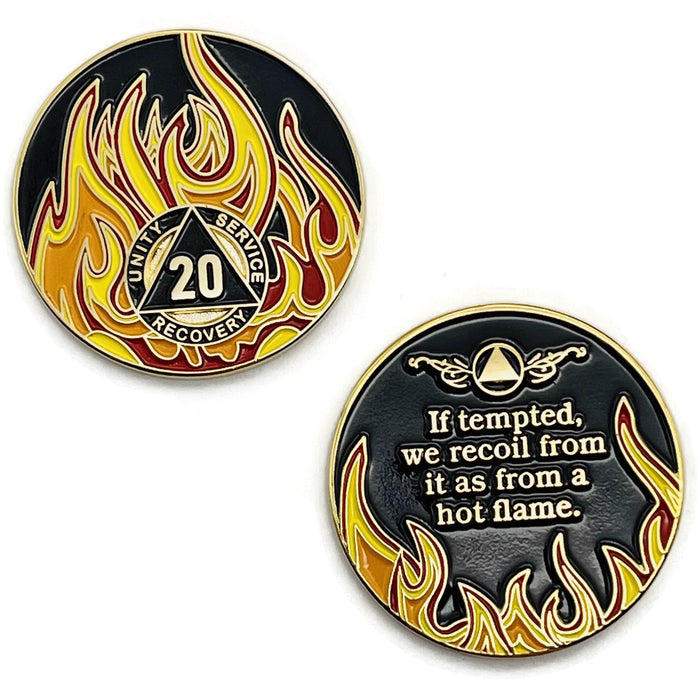 20 Year Sobriety Mint Twisted Flames Gold Plated AA Recovery Medallion - Twenty Year Chip/Coin - Black/Red/Orange/Yellow + Velvet Case