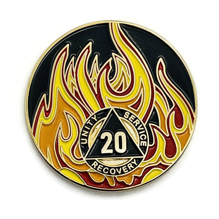 20 Year Sobriety Mint Twisted Flames Gold Plated AA Recovery Medallion - Twenty Year Chip/Coin - Black/Red/Orange/Yellow + Velvet Case