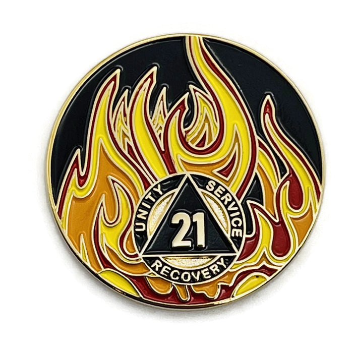 21 Year Sobriety Mint Twisted Flames Gold Plated AA Recovery Medallion - Twenty One Year Chip/Coin - Black/Red/Orange/Yellow + Velvet Case