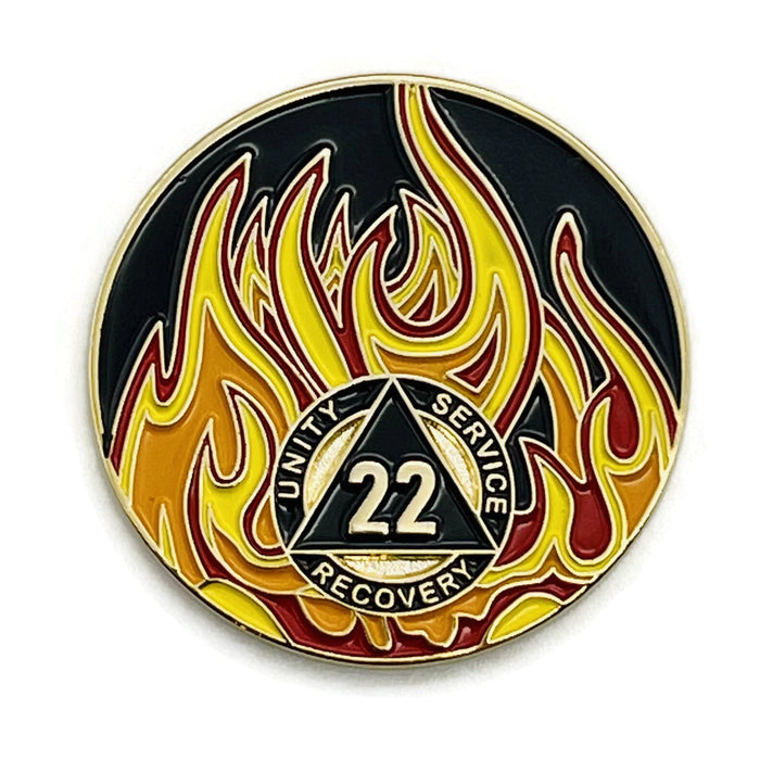 22 Year Sobriety Mint Twisted Flames Gold Plated AA Recovery Medallion - Twenty Two Year Chip/Coin - Black/Red/Orange/Yellow + Velvet Case