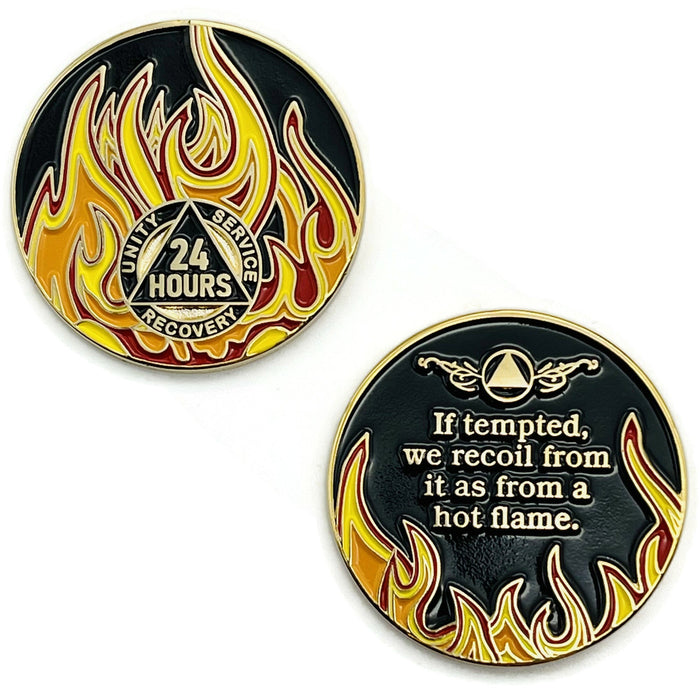 24 Hours Sobriety Mint Twisted Flames Gold Plated AA Recovery Medallion - Twenty-Four Hours Chip/Coin - Black/Red/Orange/Yellow + Velvet Case