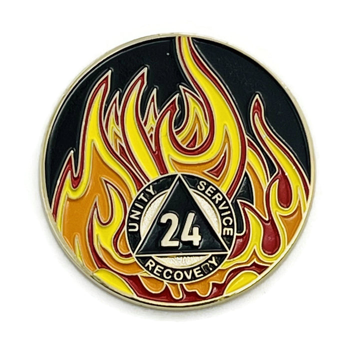 24 Year Sobriety Mint Twisted Flames Gold Plated AA Recovery Medallion - Twenty Four Year Chip/Coin - Black/Red/Orange/Yellow + Velvet Case
