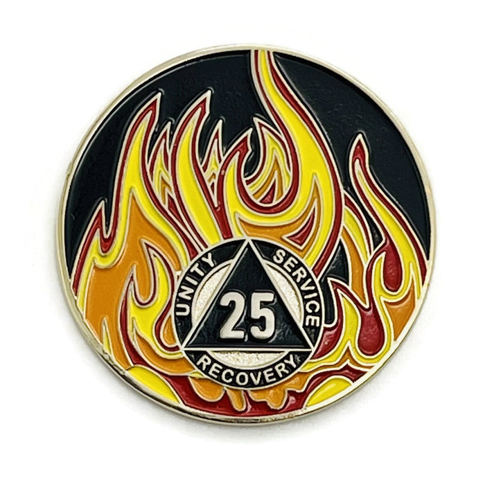 25 Year Sobriety Mint Twisted Flames Gold Plated AA Recovery Medallion - Twenty Five Year Chip/Coin - Black/Red/Orange/Yellow + Velvet Case