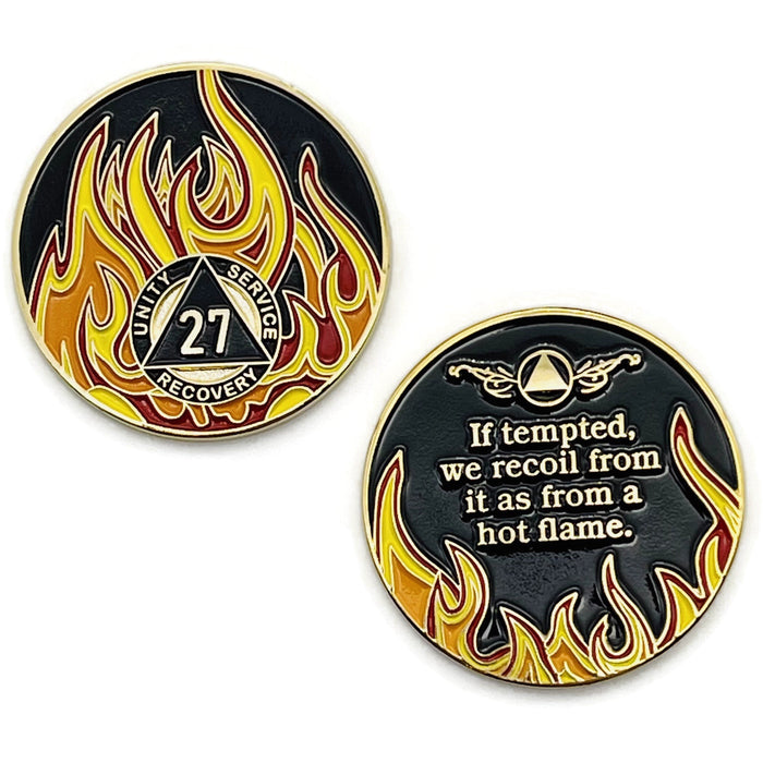 27 Year Sobriety Mint Twisted Flames Gold Plated AA Recovery Medallion - Twenty Seven Year Chip/Coin - Black/Red/Orange/Yellow + Velvet Case