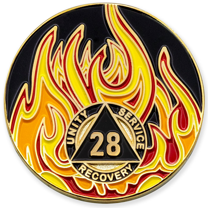 28 Year Sobriety Mint Twisted Flames Gold Plated AA Recovery Medallion/Chip/Coin - Black/Red/Orange/Yellow