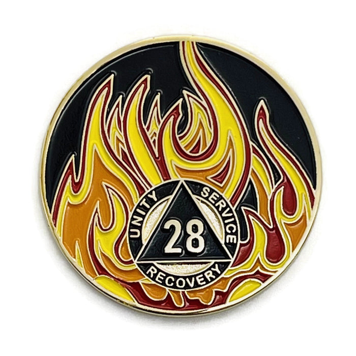 28 Year Sobriety Mint Twisted Flames Gold Plated AA Recovery Medallion - Twenty Eight Year Chip/Coin - Black/Red/Orange/Yellow + Velvet Case