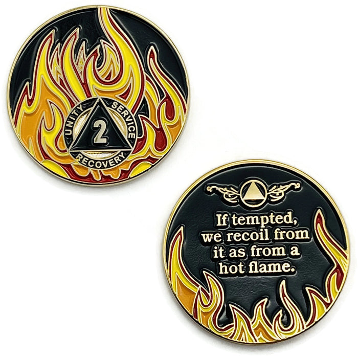 2 Year Sobriety Mint Twisted Flames Gold Plated AA Recovery Medallion - Two Year Chip/Coin - Black/Red/Orange/Yellow + Velvet Case