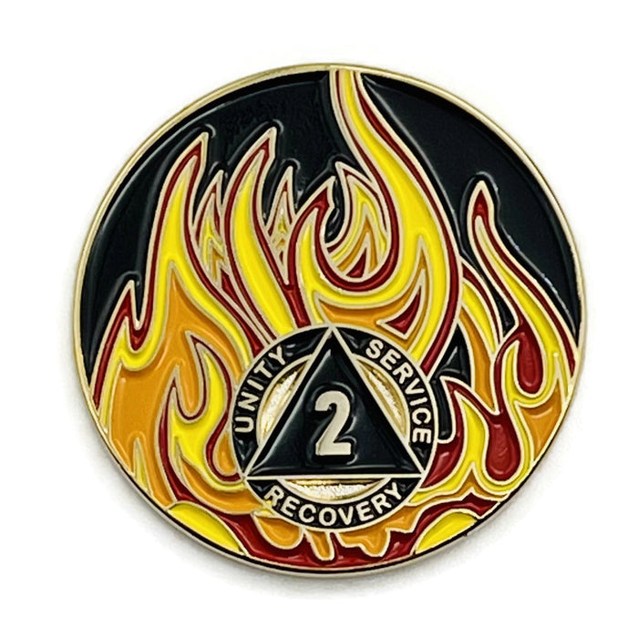 2 Year Sobriety Mint Twisted Flames Gold Plated AA Recovery Medallion - Two Year Chip/Coin - Black/Red/Orange/Yellow + Velvet Case